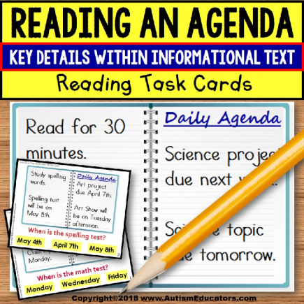 READING AN AGENDA Informational Text TASK CARDS For Autism TASK BOX FILLER